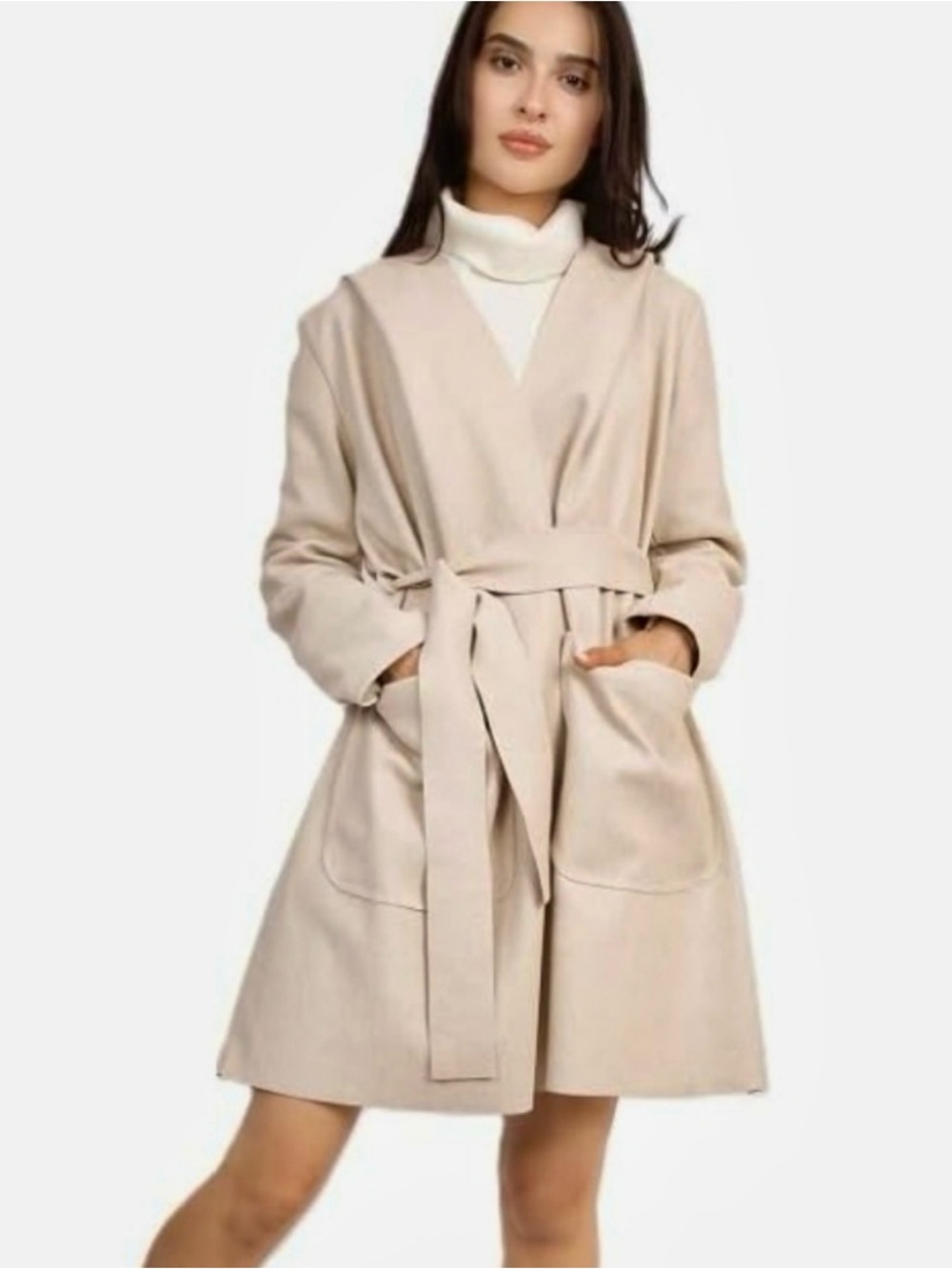 Joan Vass New York Women's Small Faux Suede Trench Coat Belted Hooded Neutral
